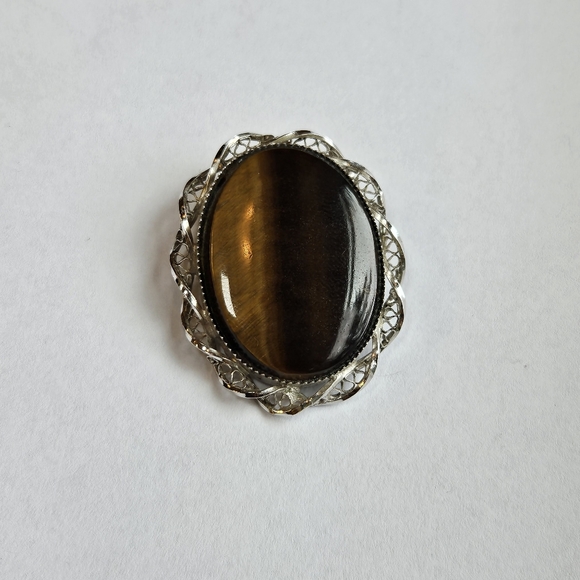 Vintage Tiger's Eye Brooch Sterling Silver Pendant Brooch Boho - Picture 2 of 6